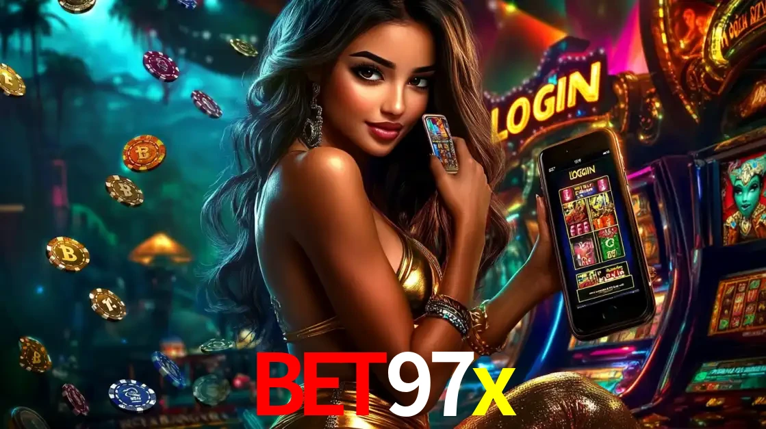 Mulher em um cenário de cassino temático de aventura, mostrando o app de caça-níqueis da bet97x no celular. Fichas de apostas flutuam ao redor.