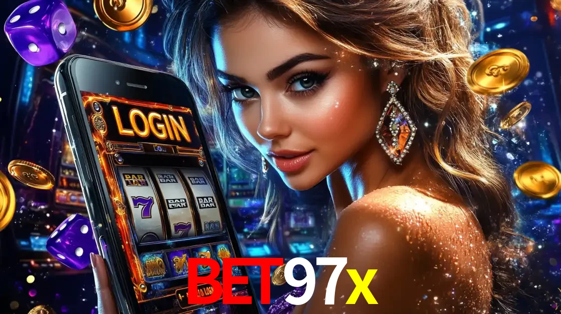 Mulher glamorosa segurando um smartphone com a tela de login para os jogos de caça-níqueis do cassino online bet97x, com moedas de ouro e dados ao redor.