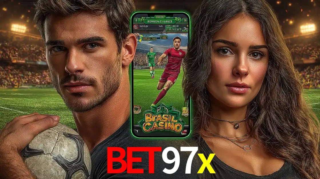 Homem segurando uma bola de futebol e uma mulher ao lado de um smartphone exibindo o jogo de apostas esportivas da bet97x. Faça seu palpite no cassino online.